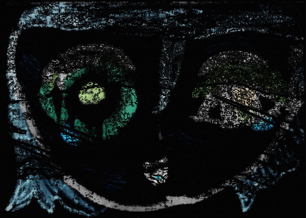 Postcard artwork for Words over Swords combining text and abstract imagery