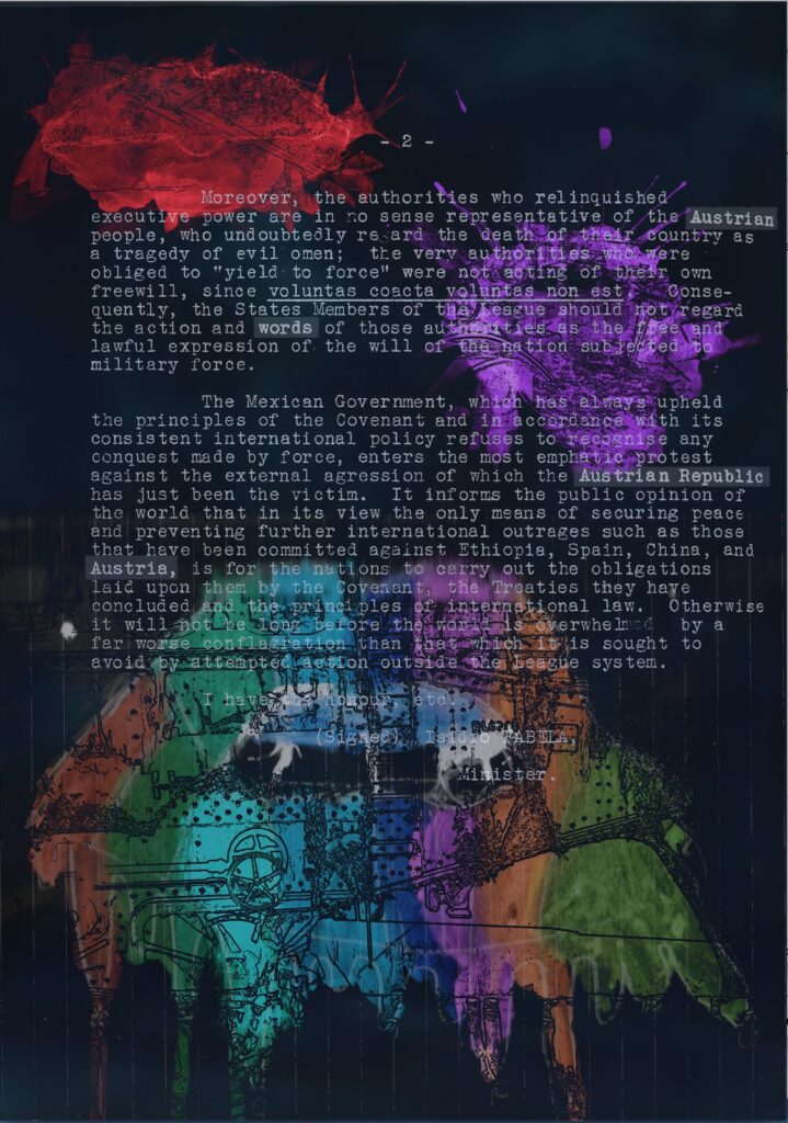 Poster artwork for Words over Swords featuring archival text and expressive colour fields